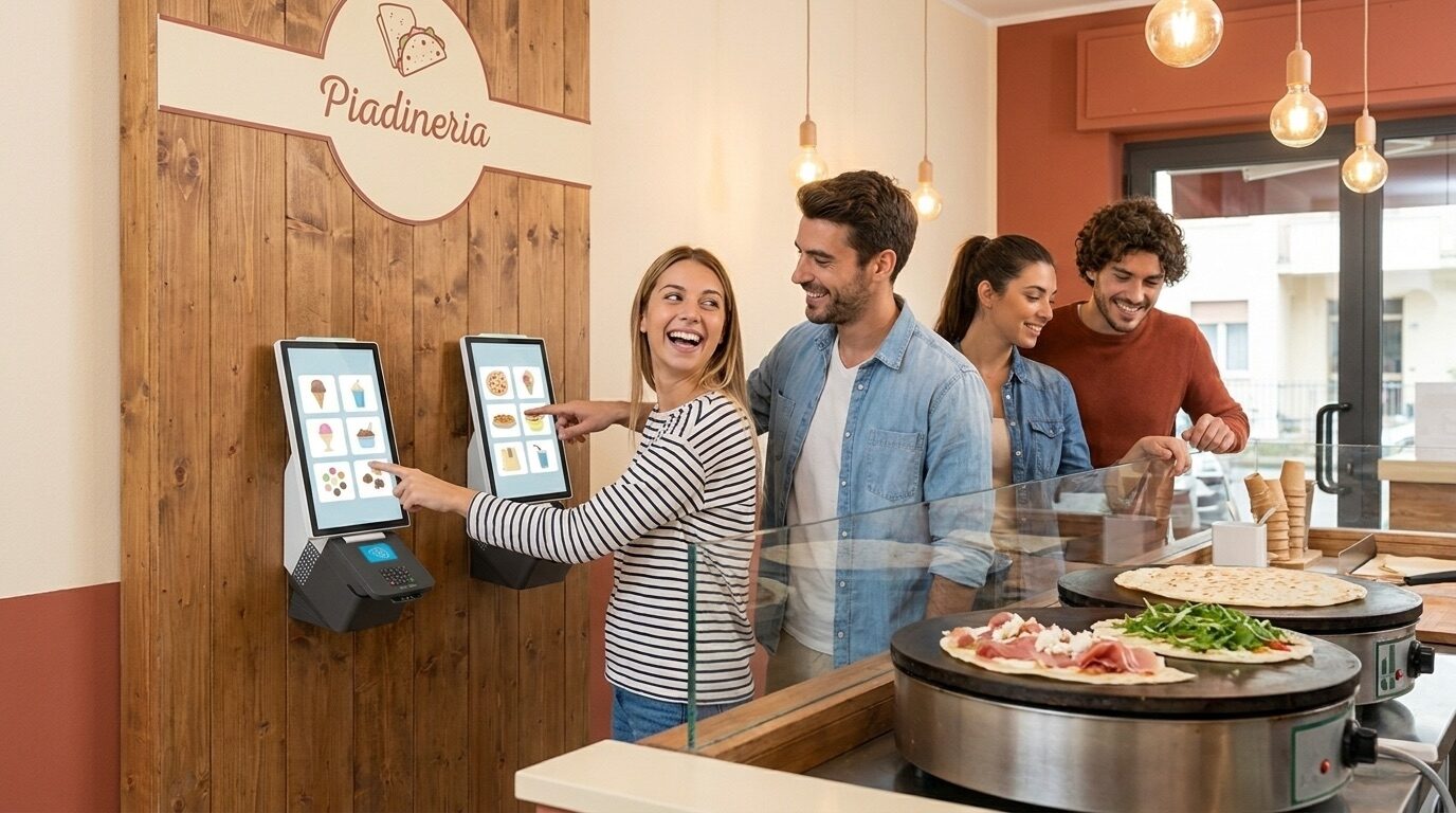 Due totem Inkassa Micro a muro in una piadineria con ragazzi che ordinano