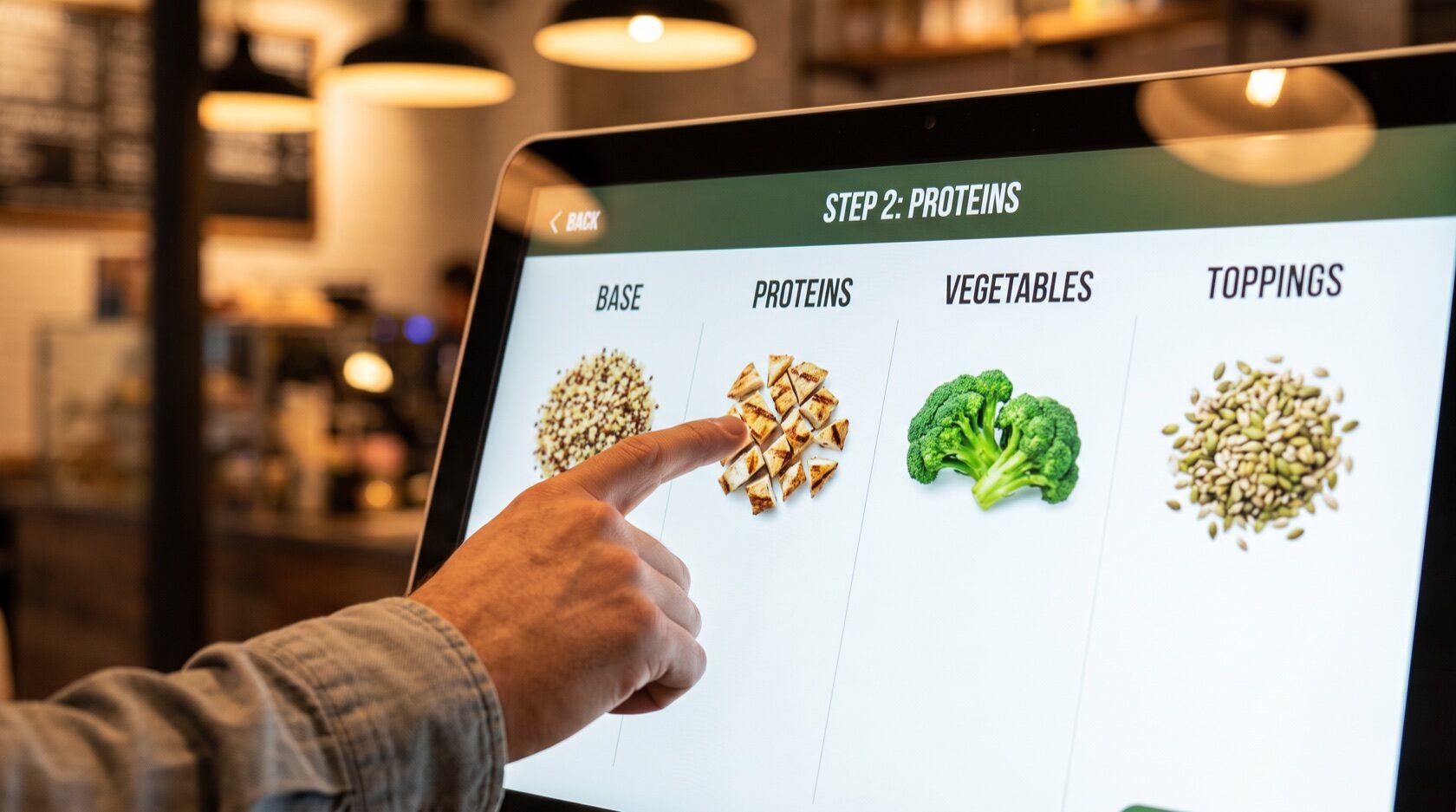 Cliente che compone il proprio piatto sul totem Inkassa scegliendo gli ingredienti
