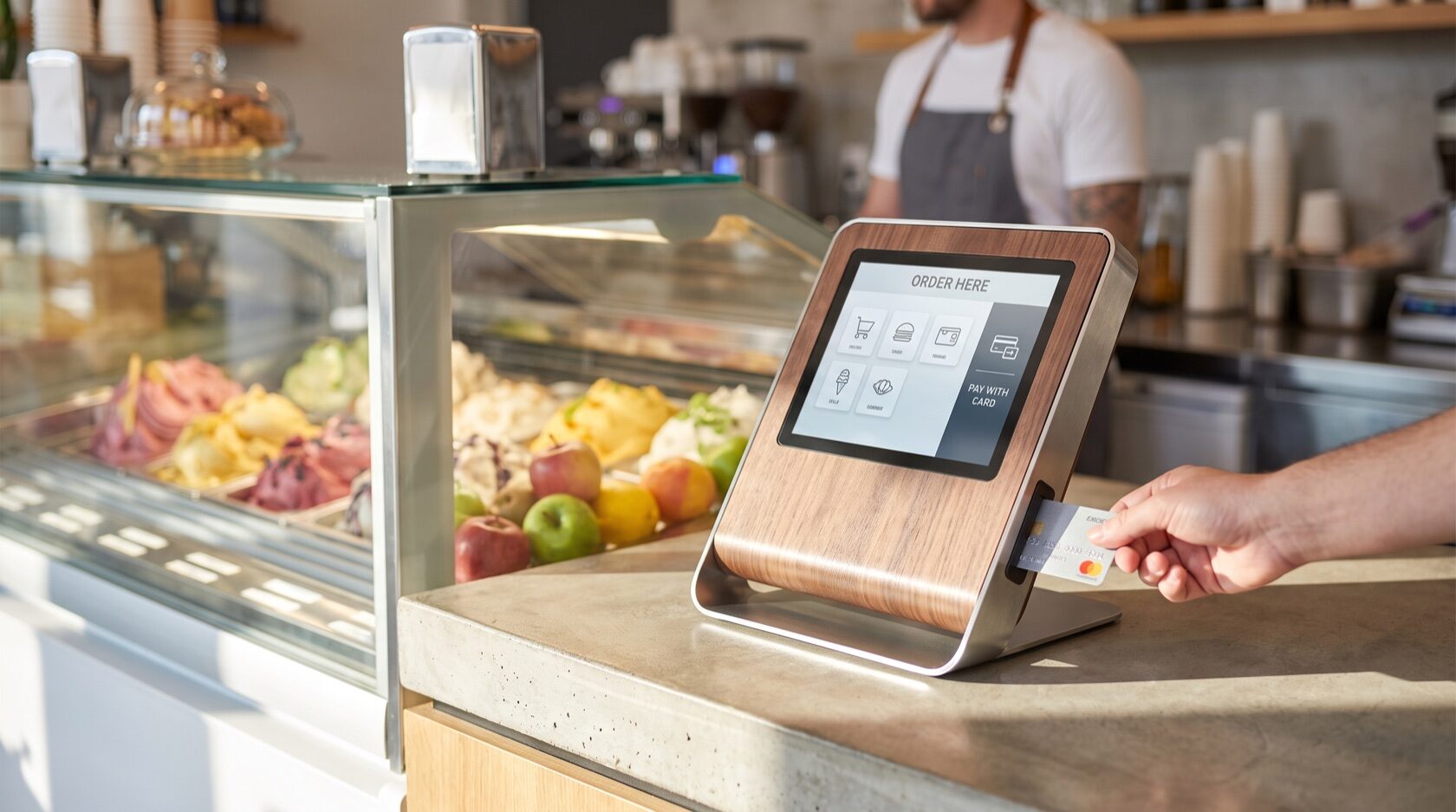Versione compatta Inkassa Self Mini sul banco di una gelateria