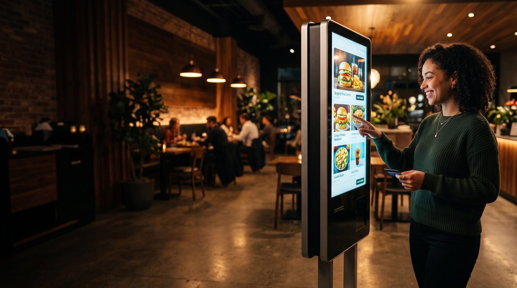 Cliente che ordina al totem self service Inkassa in un ristorante