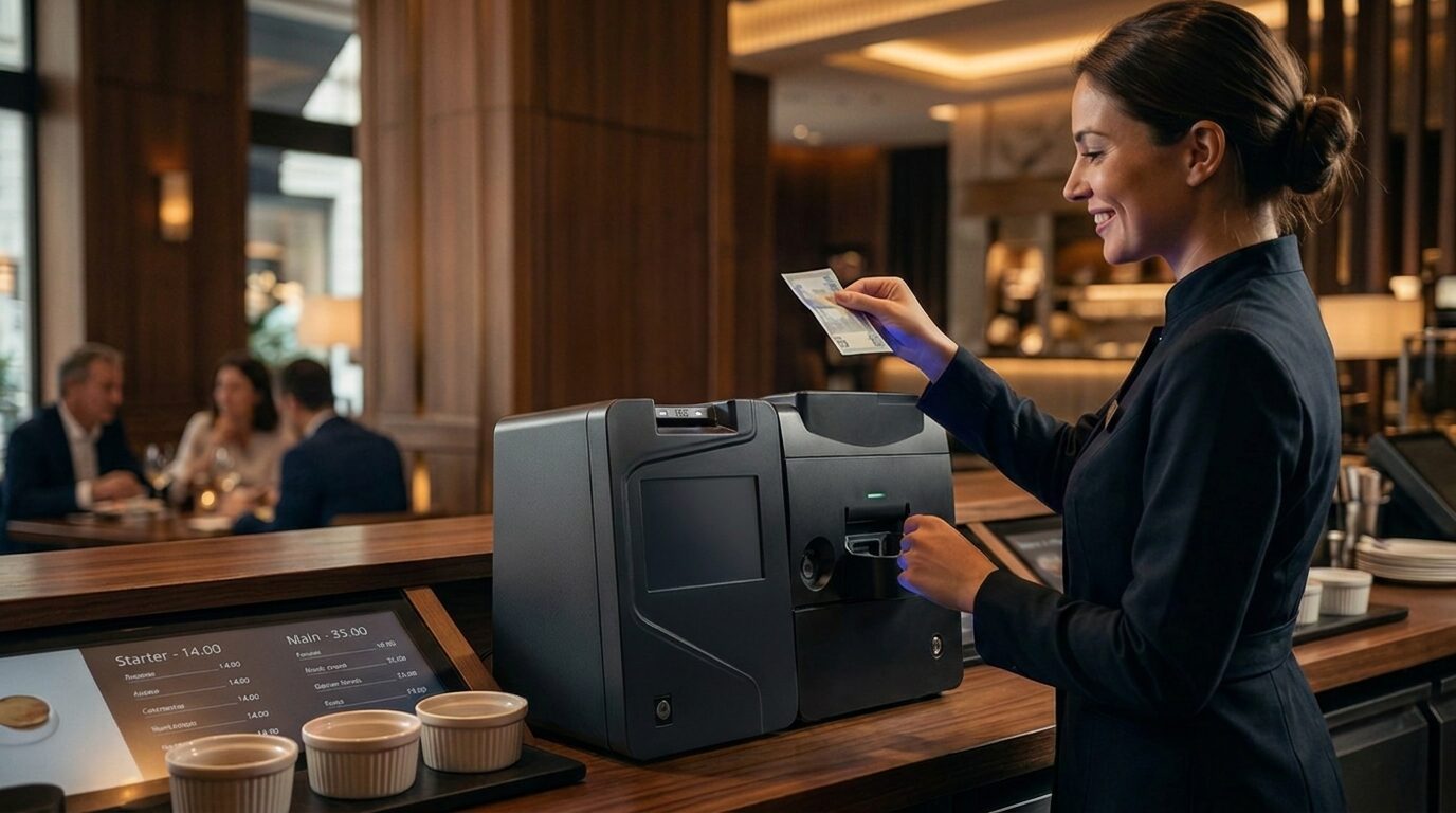 Cassiera che incassa il contante nella macchina Wi Cash da banco senza toccare i soldi