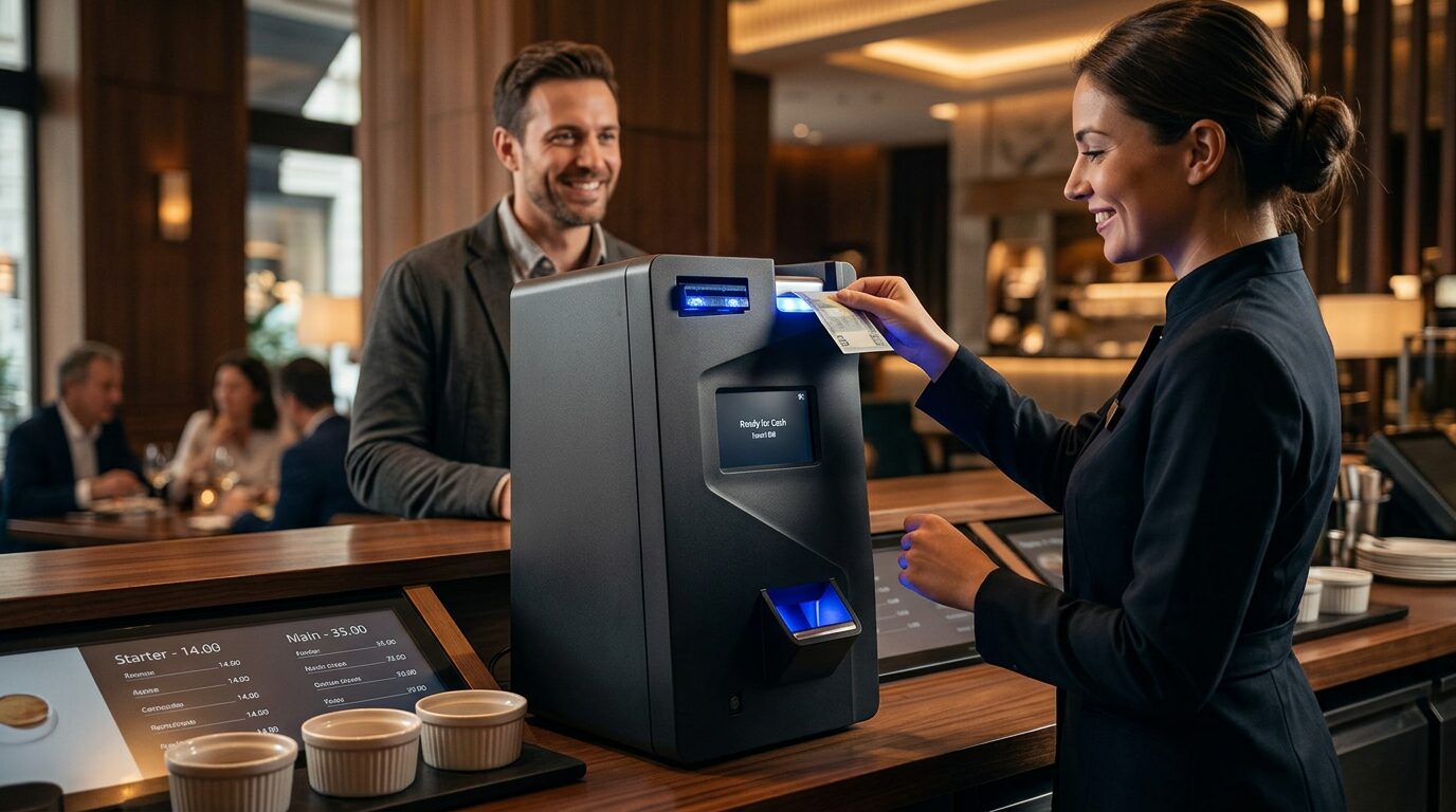 Cassiera che usa la macchina Wi Cash con le fessure rivolte verso di lei, mantenendo il rapporto con il cliente