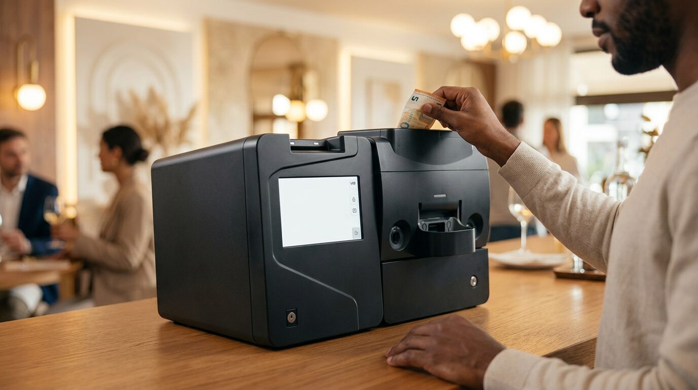 Cliente che paga in self-service alla macchina Wi Cash versione da banco