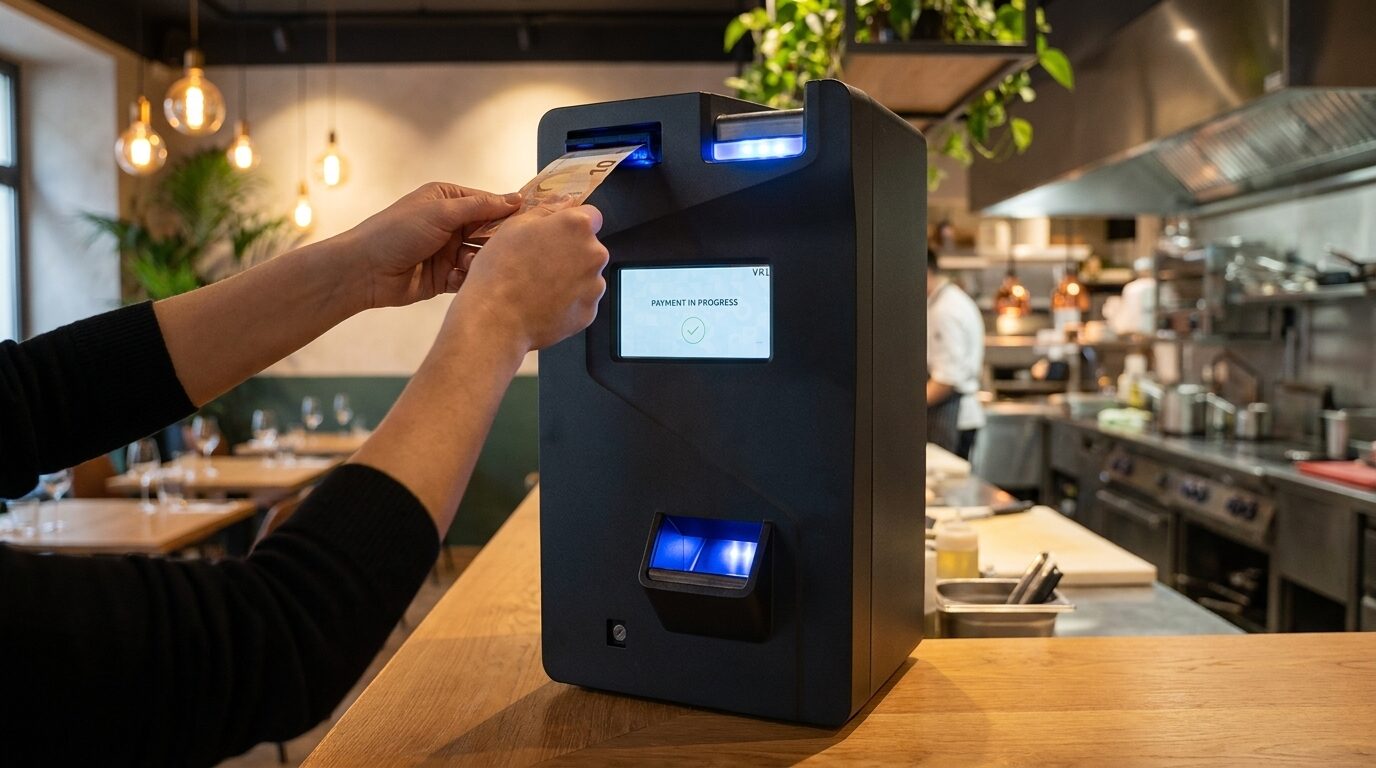 Cliente che paga in self-service alla macchina Wi Cash versione a colonna