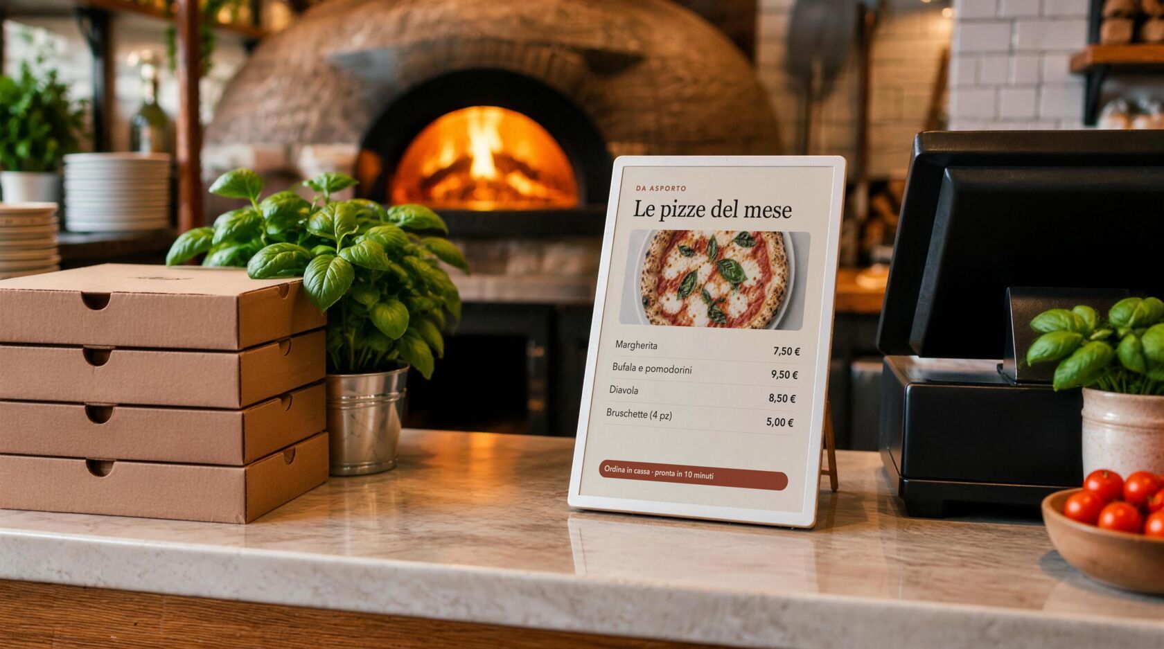 Lavagna digitale e-paper con le pizze del mese sul banco cassa di una pizzeria
