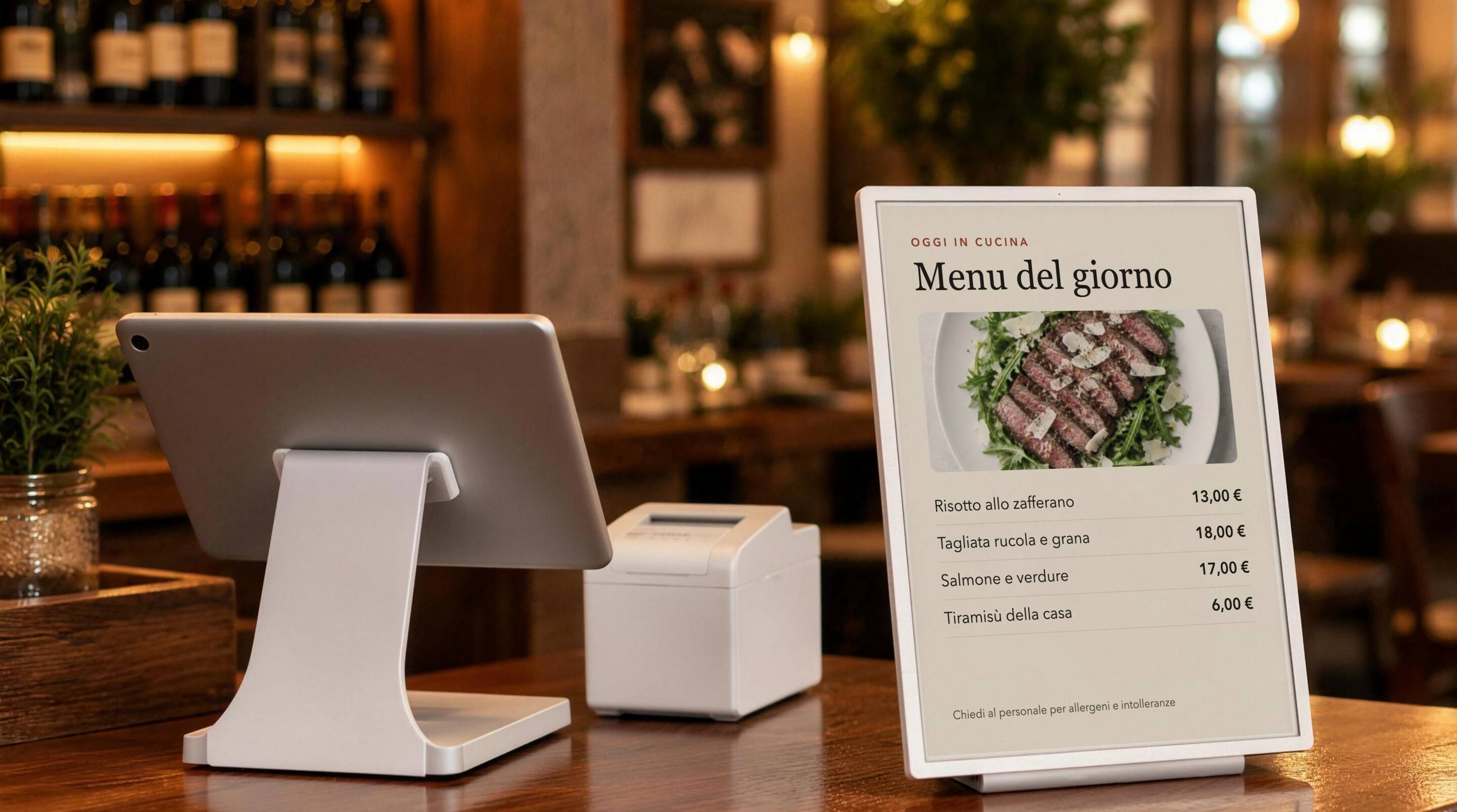 Lavagna digitale e-paper con il menu del giorno accanto alla cassa di un ristorante
