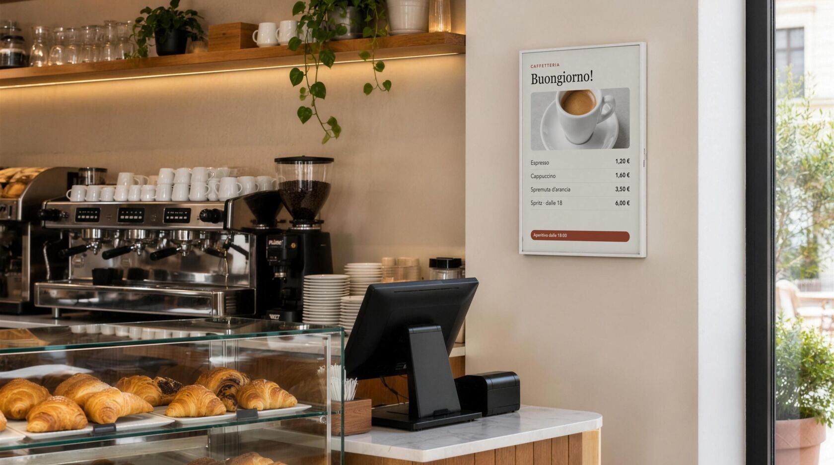 Lavagna digitale e-paper appesa alla parete di un bar con il listino della caffetteria