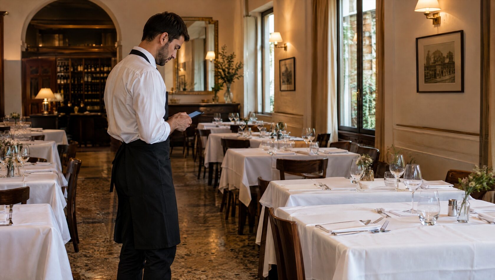 Cameriere in una sala di ristorante elegante con i tavoli apparecchiati che spunta la checklist di apertura sul telefono