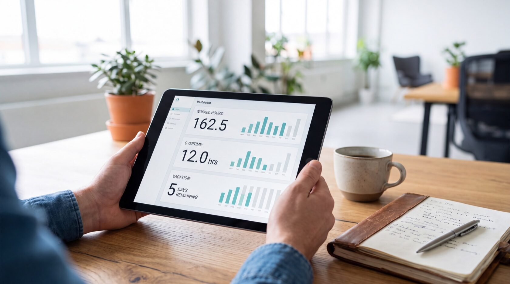Tablet che mostra un riepilogo di ore lavorate, straordinari e ferie residue