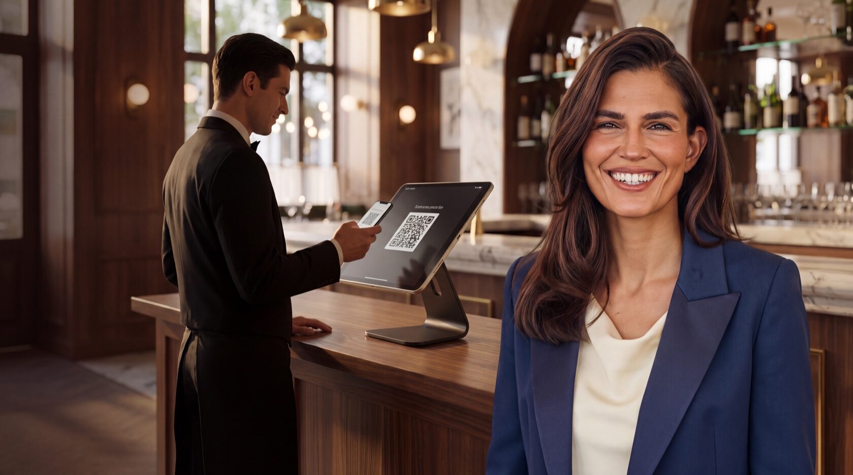 Manager di un ristorante sorridente; sullo sfondo un cameriere timbra l’ingresso con il QR su un iPad all’entrata