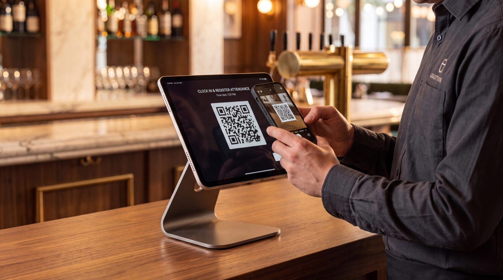 Cameriere che timbra l’ingresso inquadrando il QR sull’iPad all’entrata del locale