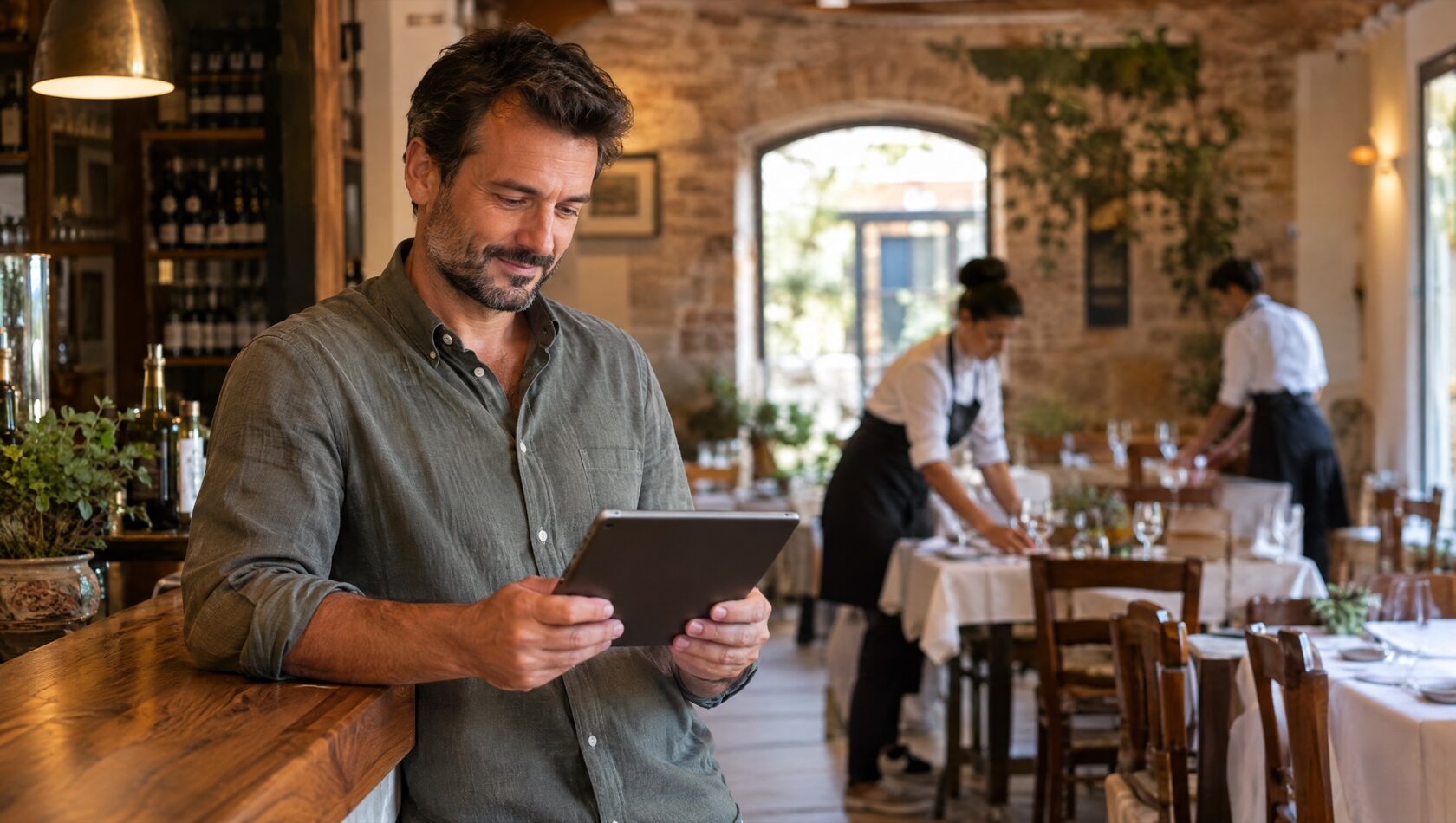 Titolare appoggiato al banco del ristorante che controlla sul tablet chi ha letto le istruzioni, mentre lo staff prepara la sala