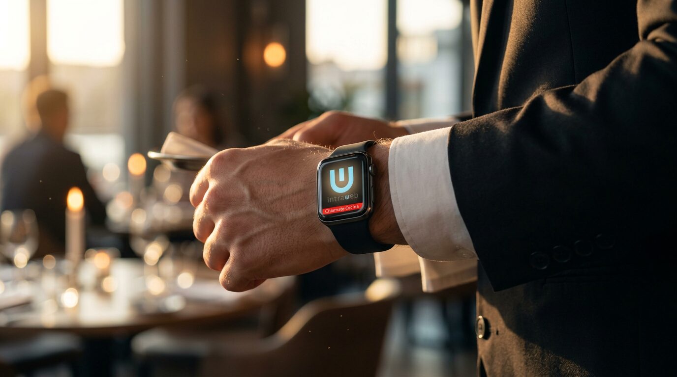 Cameriere con l'orologio chiama cameriere al polso in un ristorante elegante