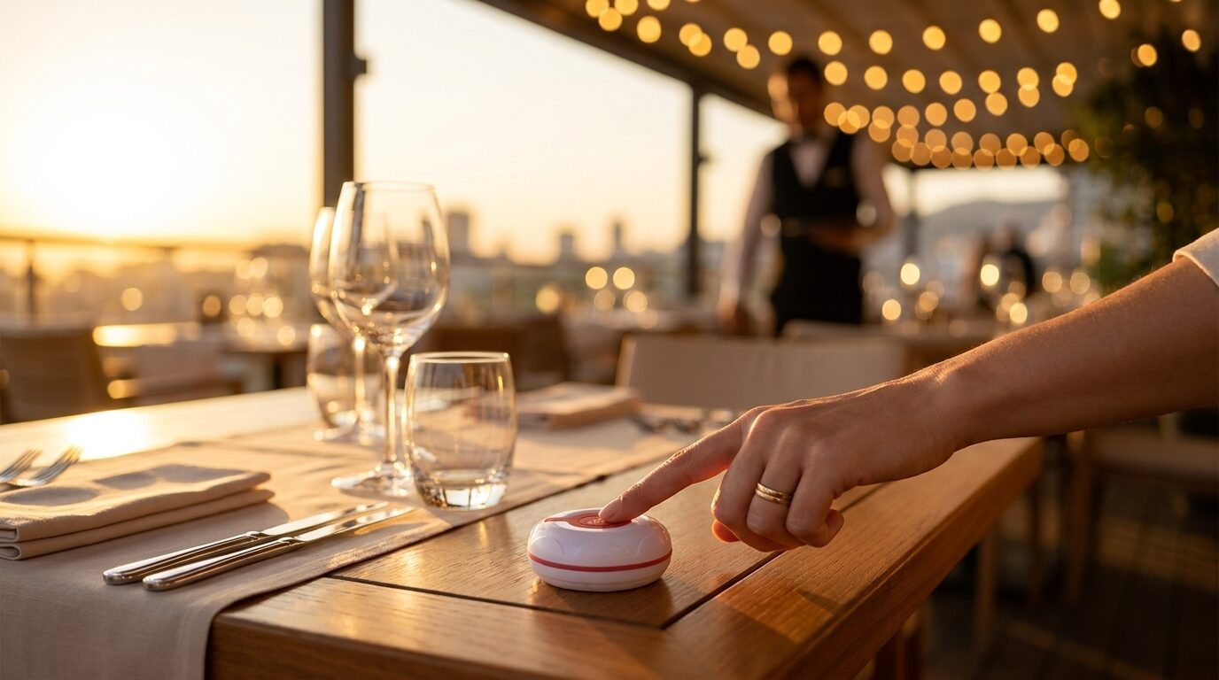 Cliente che chiama dal tavolo in una terrazza al tramonto