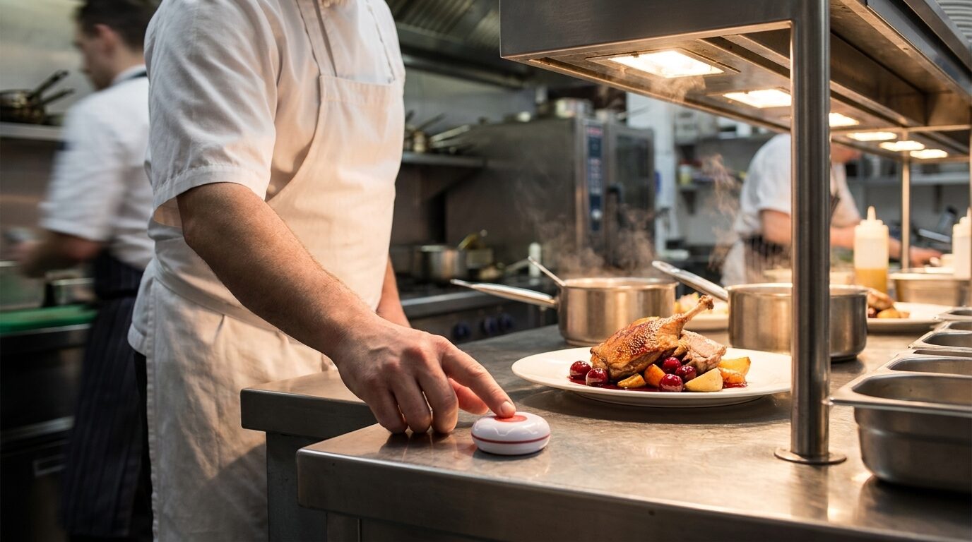 Cuoco in cucina che preme il pulsante per chiamare un cameriere