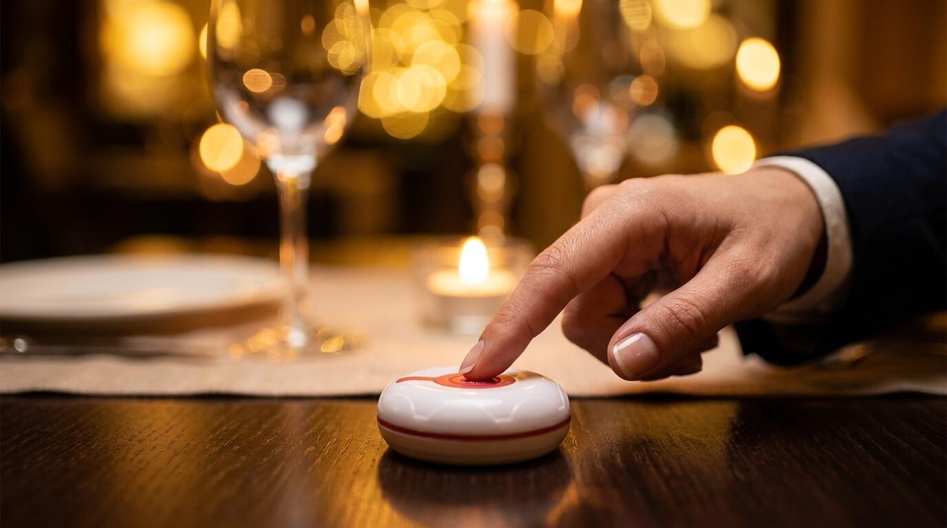 Cliente che preme il pulsante di chiamata sotto il tavolo