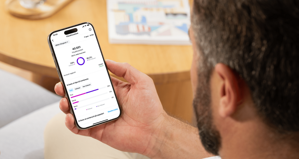 immagine imprenditore che guarda dati social su telefono